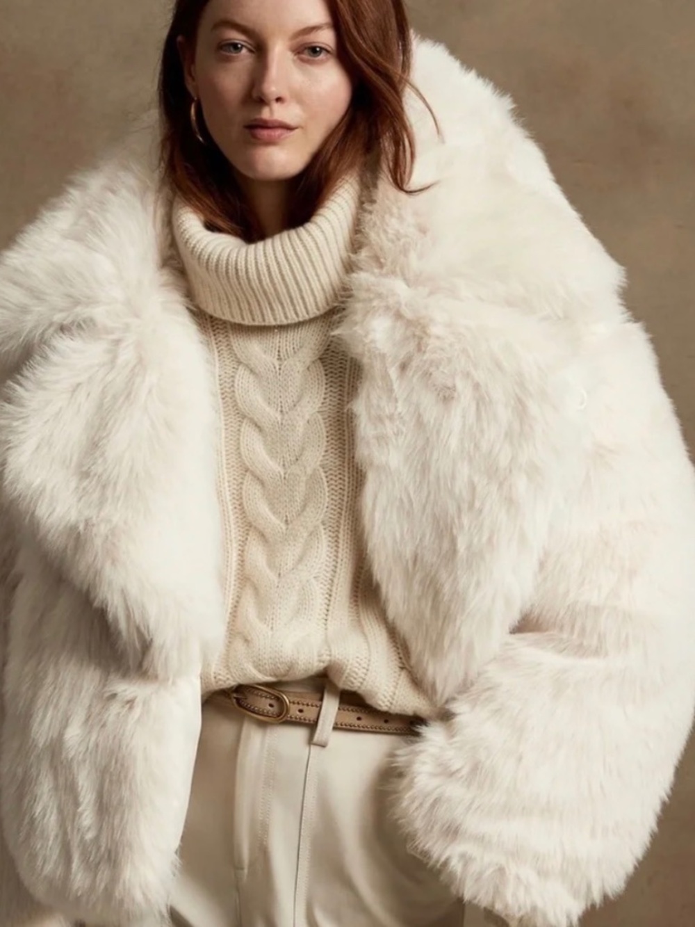 Banana Republic Ivory Faux Fur Coat